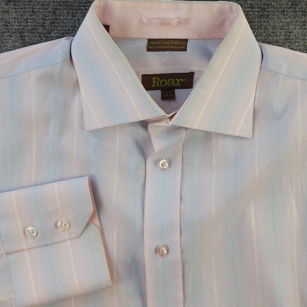 Roar Shirt Large Pink Blue‎ Striped Long Sleeve Button Up Spread Collar